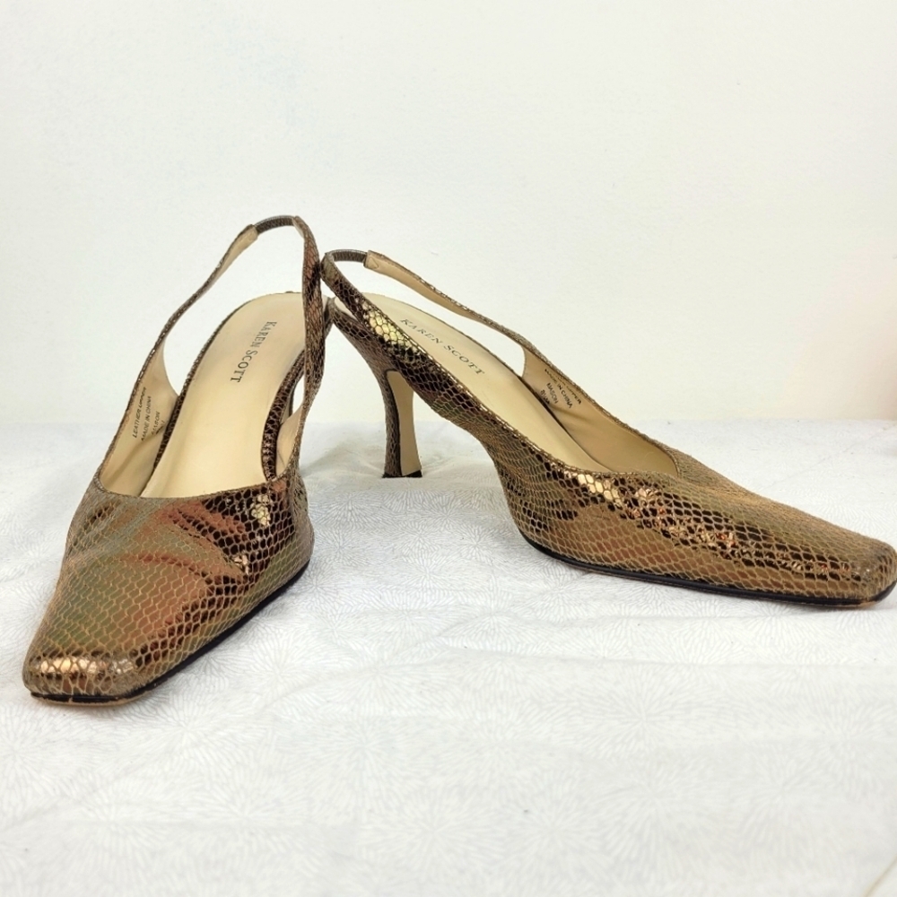 Karen Scott gold metallic leather slingback heels square toe faux snakeskin 8.5